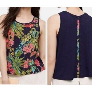 Anthropologie Postmark Floral Sleeveless Tank Top Navy Blue Pink Hawaiian Womens